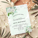 White floral silver greenery birthday invitation<br><div class="desc">A modern, stylish and glamorous invitation for a woman's 40th (or any age) birthday party. A watercolored green background with faux silver glitter dust and white florals and greenery. The name is written with a modern black hand lettered style script. Personalize and add a name, age and your party details...</div>