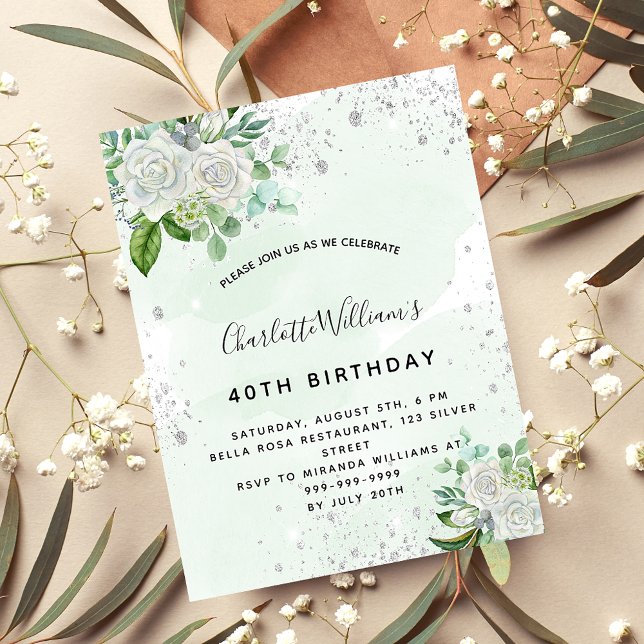 White floral silver greenery birthday invitation (Creator Uploaded)