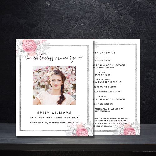 White floral silver pink photo funeral program