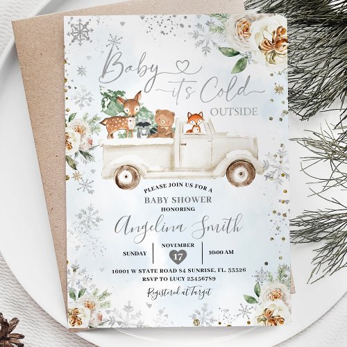 White Floral Silver Snowflake Truck Baby Shower Invitation