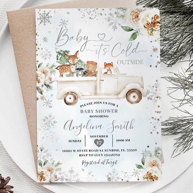 White Floral Silver Snowflake Truck Baby Shower Invitation (Creator Uploaded)