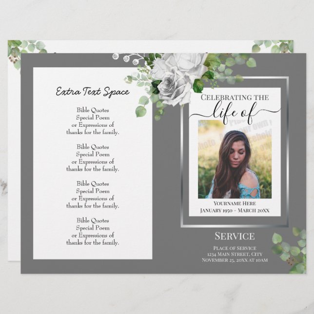 White Floral Simple Photo Funeral Program Budget (Front/Back)
