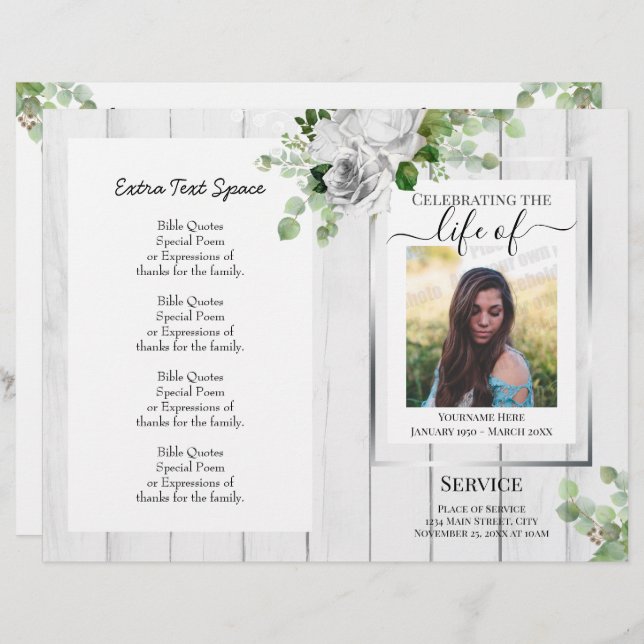 White Floral Simple Photo Funeral Program Budget (Front/Back)