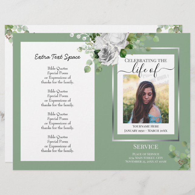 White Floral Simple Photo Funeral Program Budget (Front/Back)