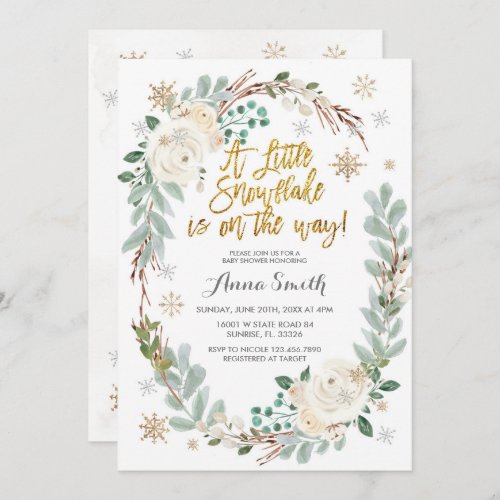 White Floral Snowflakes Winter Baby Shower  Invitation