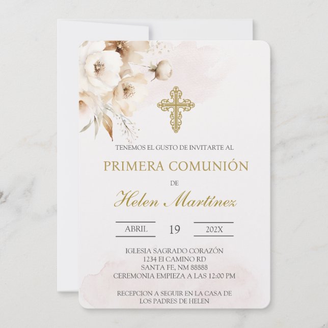 White floral Spanish baptism Invitation (Front)