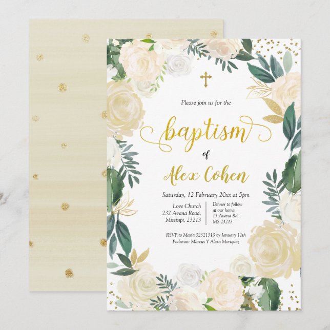 White Floral Spanish Baptism Invitation (Front/Back)