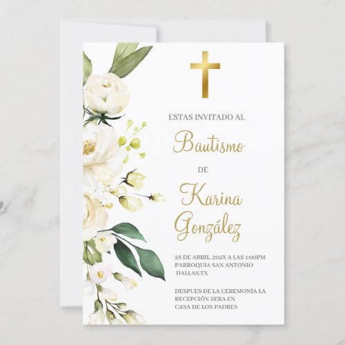 White floral Spanish Baptism Invite