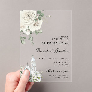 White Floral Spanish church Wedding acrylic Invitations
