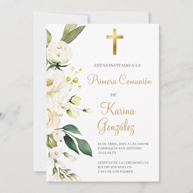 White floral Spanish First Communion Invite (Front)