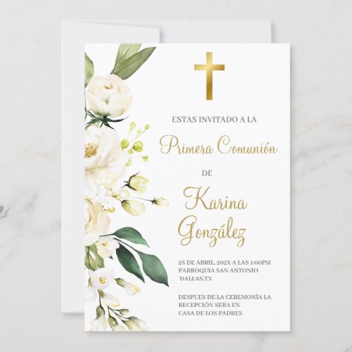 White floral Spanish First Communion Invite