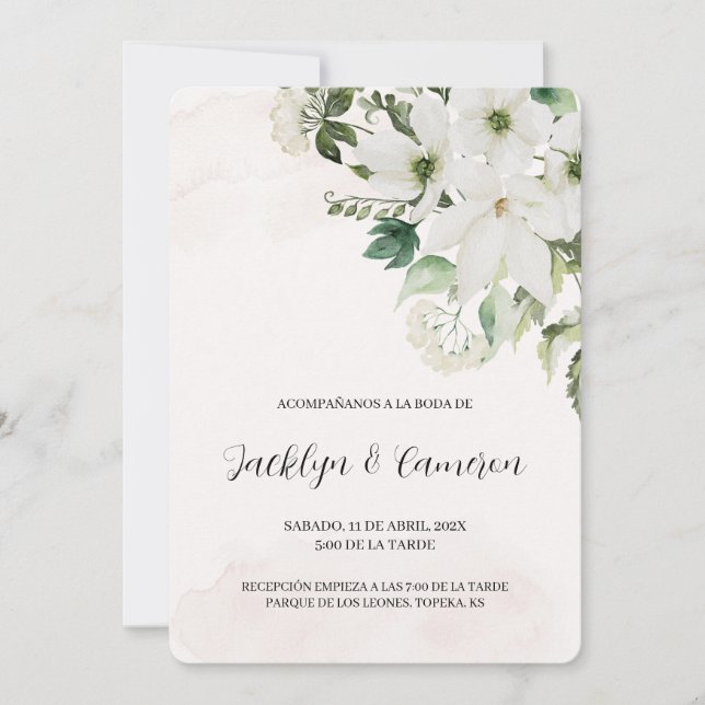 White Floral Spanish Wedding Invitation (Front)