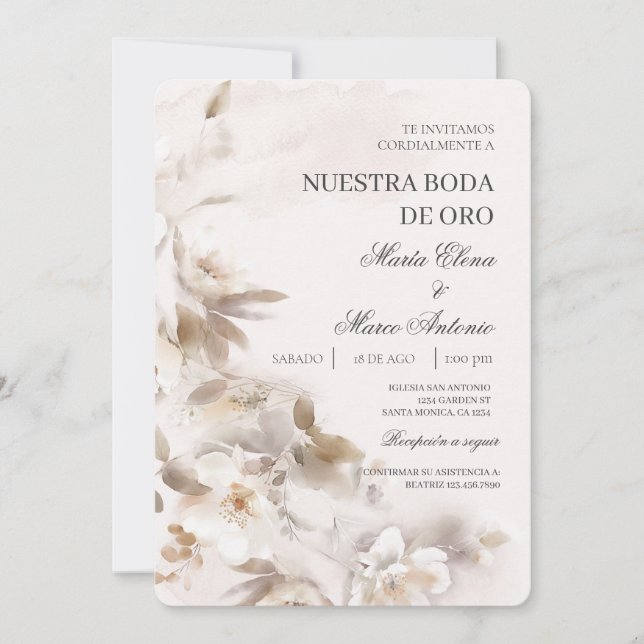 White Floral Spanish Wedding Invitation (Front)