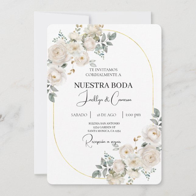 White Floral Spanish Wedding Invitation (Front)