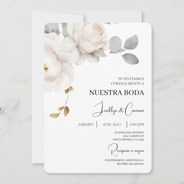 White Floral Spanish Wedding Invitation (Front)
