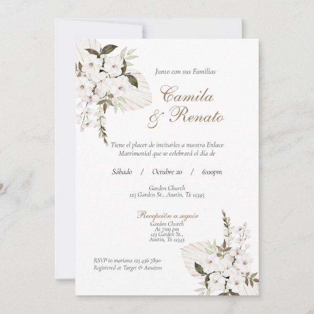 White Floral Spanish Wedding invitation (Front)