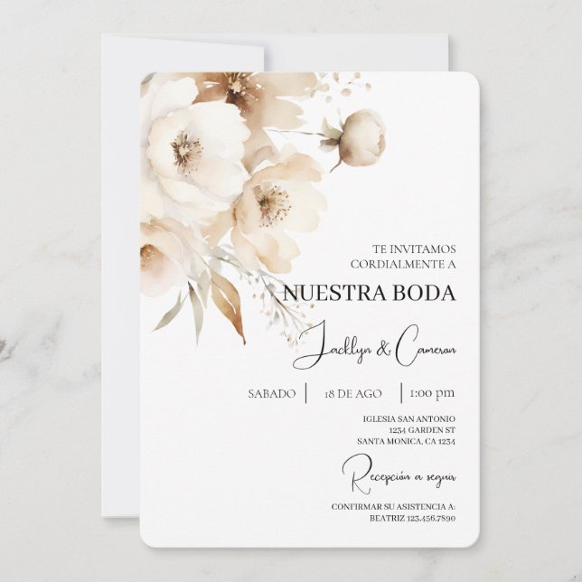 White Floral Spanish Wedding Invitation (Front)