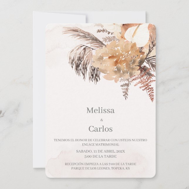 White floral Spanish Wedding Invitation (Front)