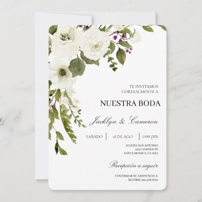 White Floral Spanish Wedding Invitation (Front)