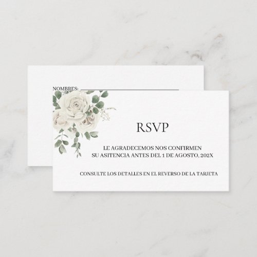 White Floral Spanish Wedding RSVP Card 