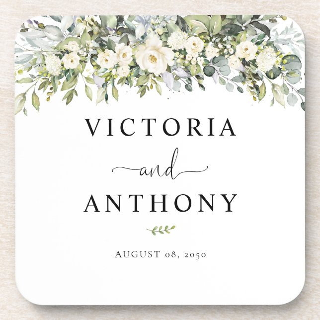 White Floral Square Wedding Coaster (Front)