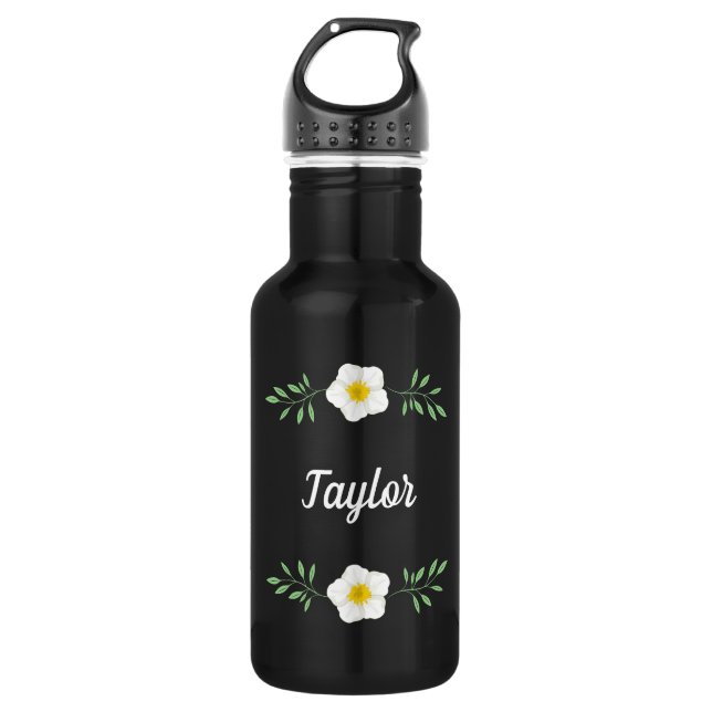 White floral stainless steel water bottle (Front)