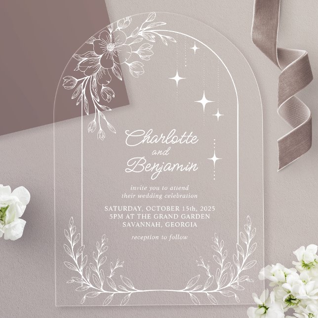 White Floral Star Modern Arch Wedding Acrylic Invitations (Creator Uploaded)