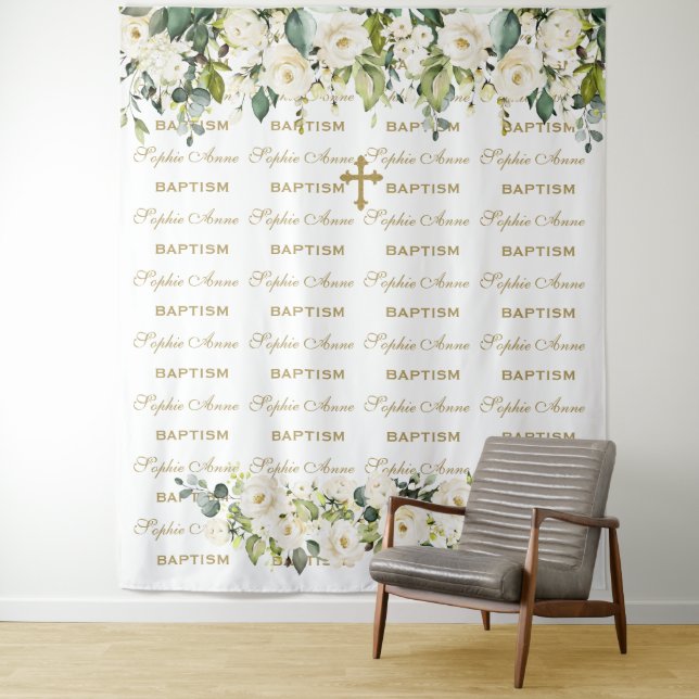 White Floral Step & Repeat Gold Baptism Backdrop (In Situ)