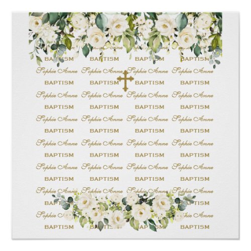 White Floral Step  Repeat Gold Baptism Backdrop Poster