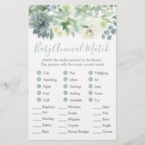 White Floral Succulent Baby Animal Match Game