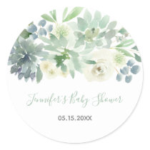 White Floral Succulent Baby Shower Classic Round Sticker