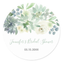 White Floral Succulent Bridal Shower Classic Round Sticker