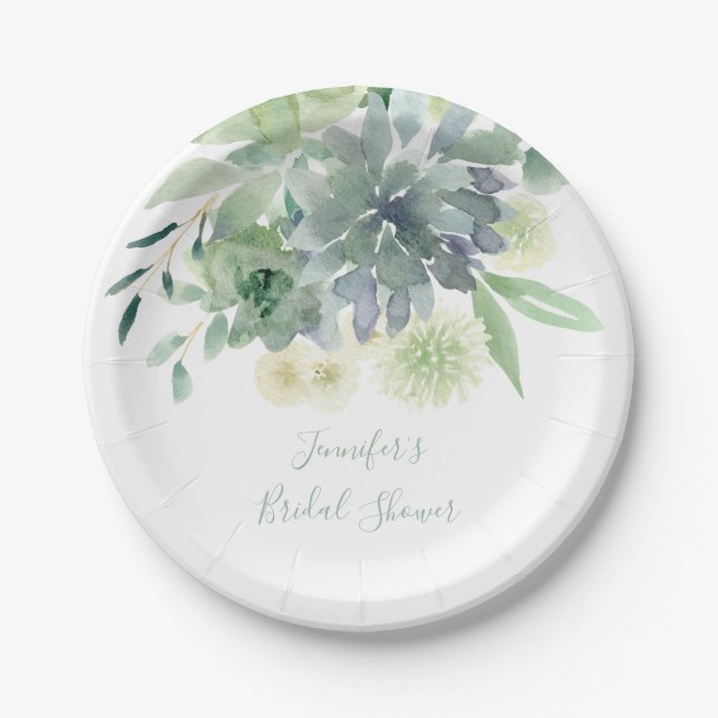 White Floral Succulent Bridal Shower Paper Plates (Front)
