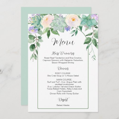 White Floral Succulents Greenery Wedding Menu Invitation