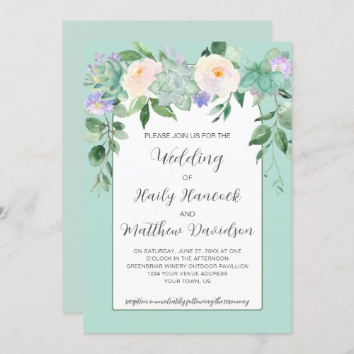 White Floral Succulents Purple Arch on Mint Invitation