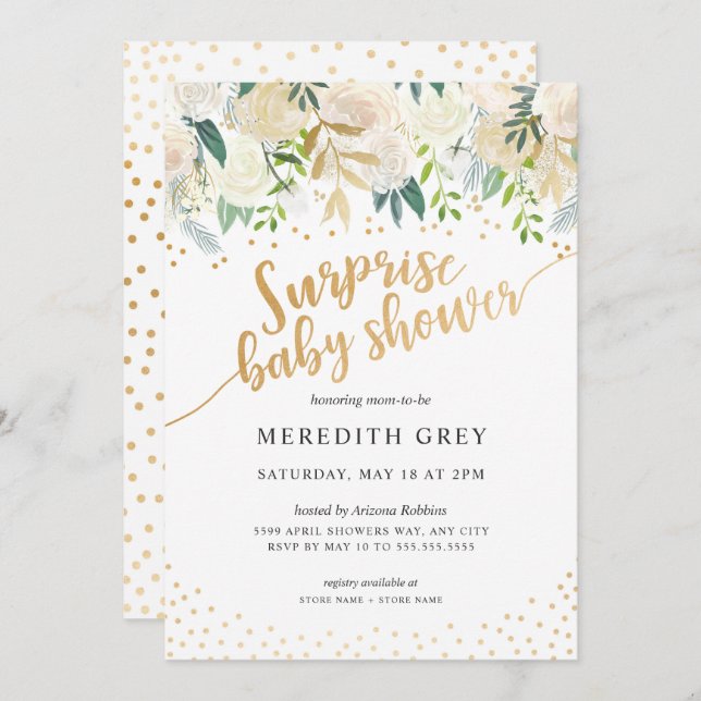 White Floral Surprise Baby Shower Invitation (Front/Back)
