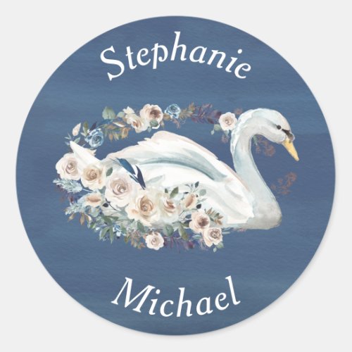 White Floral Swan on Blue Wedding Classic Round Sticker