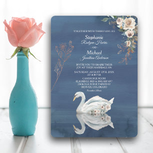 White Floral Swan on Blue Wedding Invitation