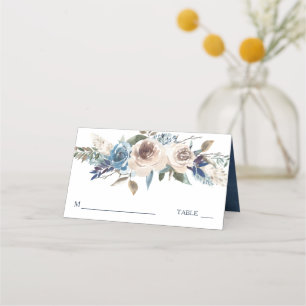 White Floral Swan on Blue Wedding Place Card