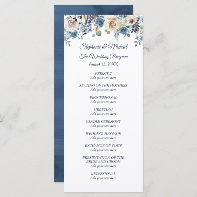 White Floral Swan on Blue Wedding Program (Front/Back)