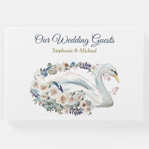 White Floral Swan Wedding Guest Book