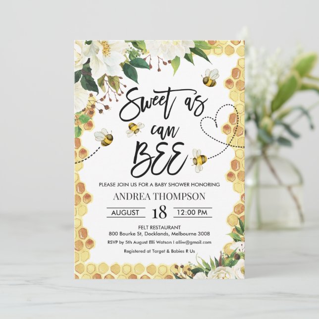 White Floral Sweet As Can Bee Baby Shower Invitation (Standing Front)