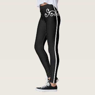 White Floral Swirl Vector Art on Black Leggings