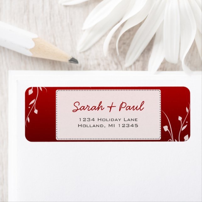 White Floral Swirls Deep Red Return Address Label (Insitu)