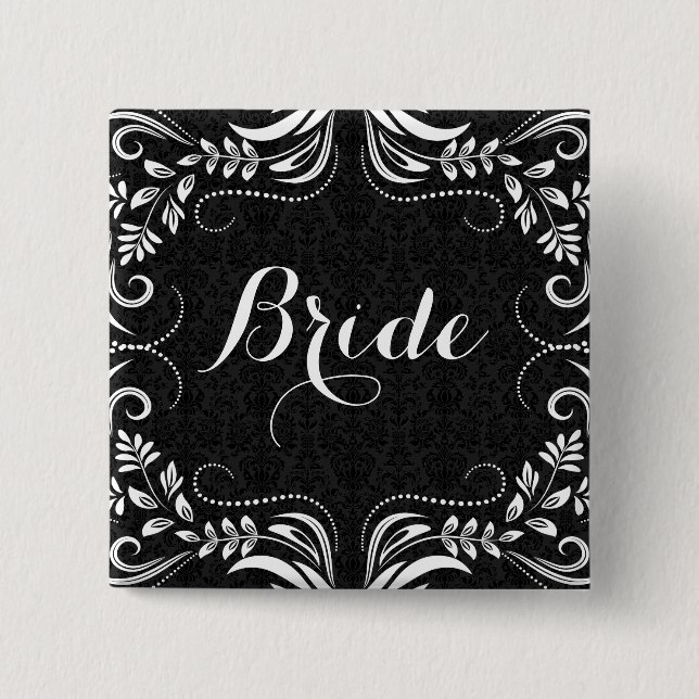 White Floral Swirls Frame Bride Button (Front)