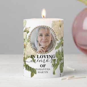 White Floral Sympathy Remembrance Pillar Candle