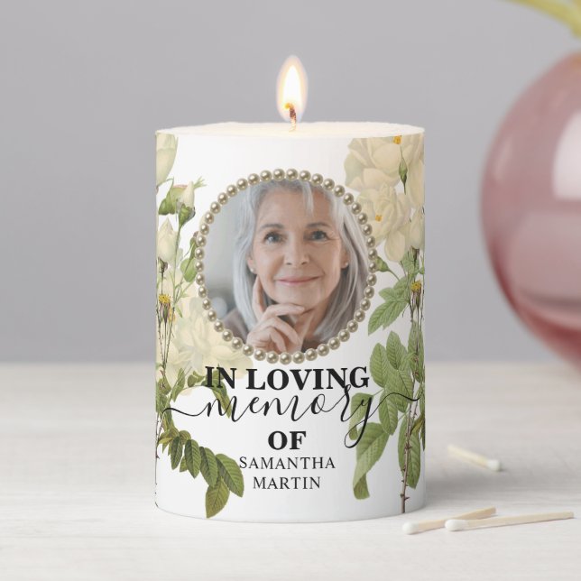 White Floral Sympathy Remembrance Pillar Candle (In Situ)