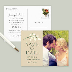 White Floral Tan Photo Save the Date Announcement Postcard