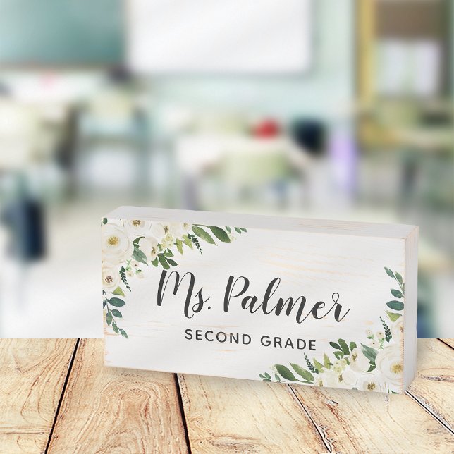 White Floral Teacher Name Classroom Wooden Box Sign (Creator Uploaded)