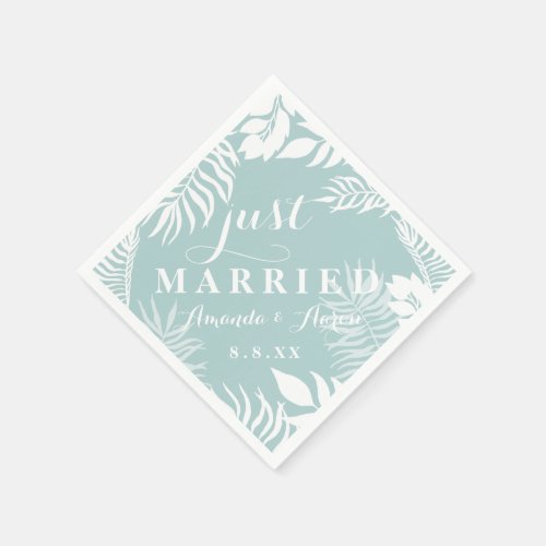 White Floral Teal Aqua Blue Pastel Just Married Napkins